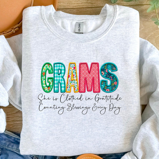 Grams She Is Clothed In Gratitude Counting Blessings Every Day Faux Embroidery DTF