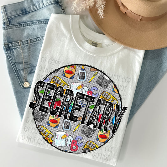 Secretary Distressed Circle With School Bus And Crayons - DTF