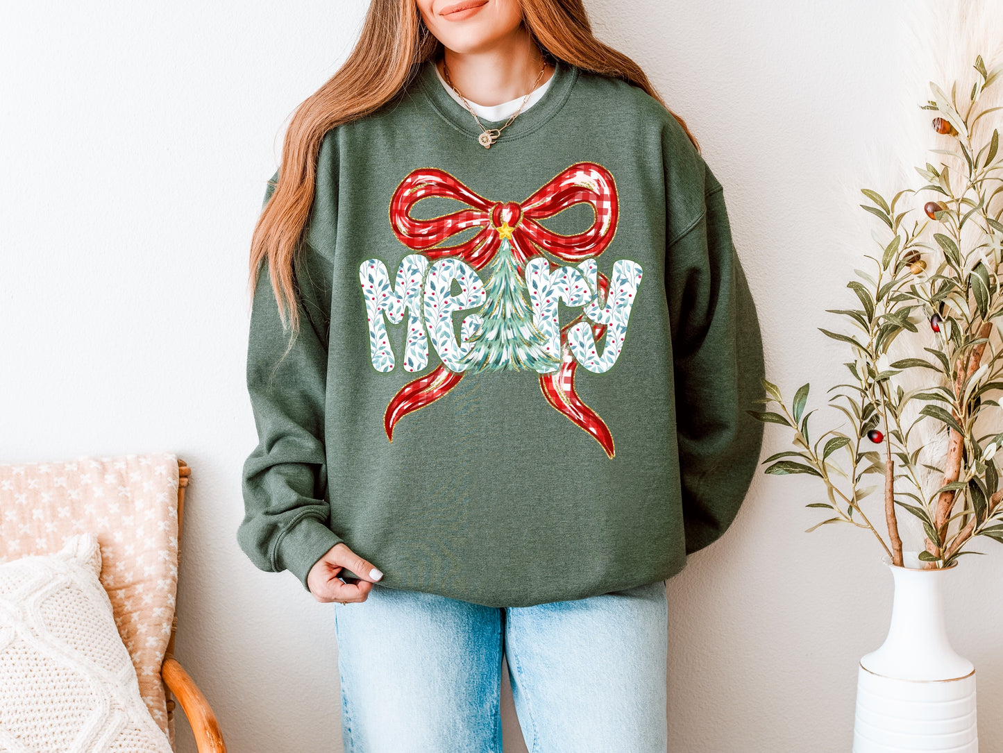 Merry Green tree with red checkered bow-DTF&UV