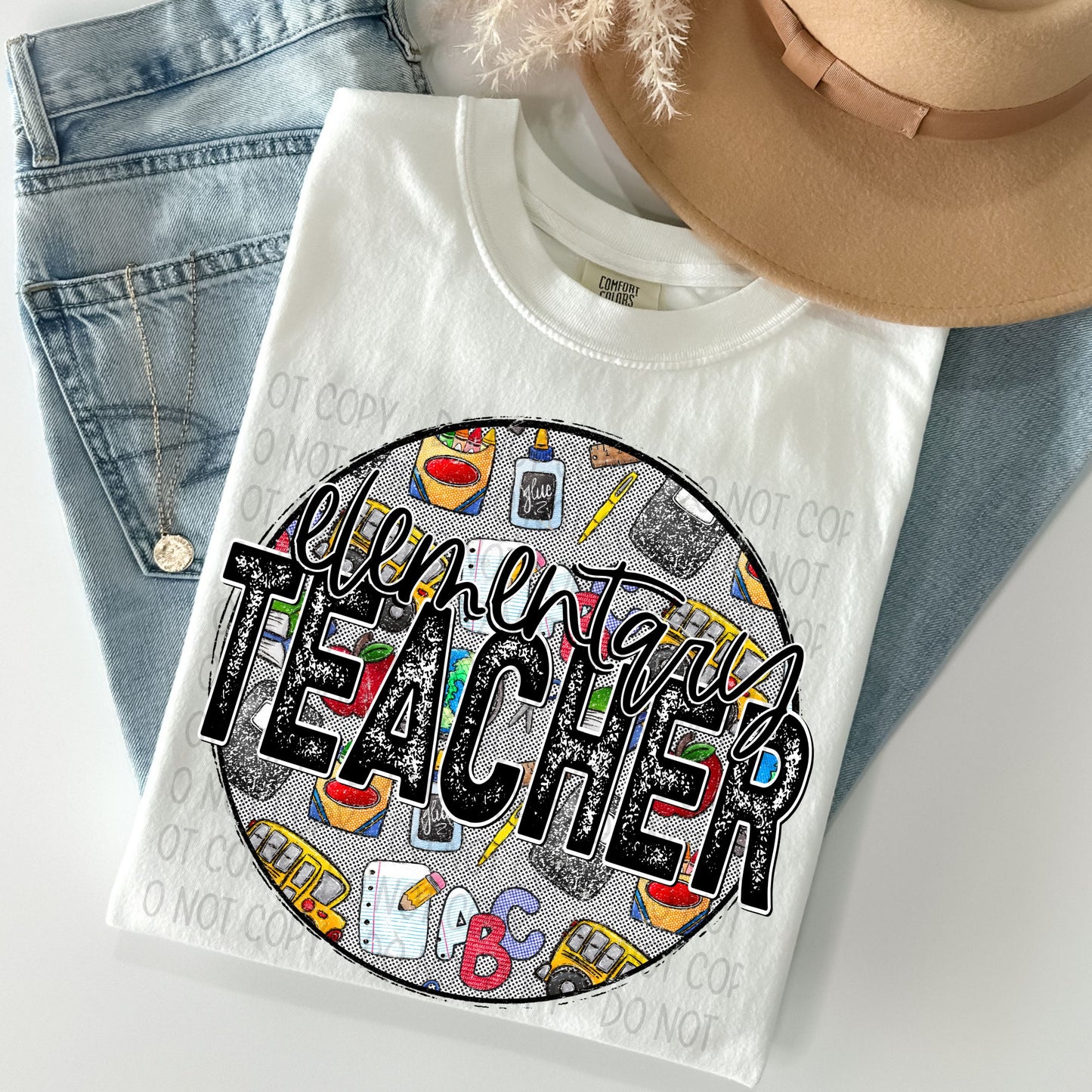 Elementary Teacher Distressed Circle With School Bus And Crayons - DTF