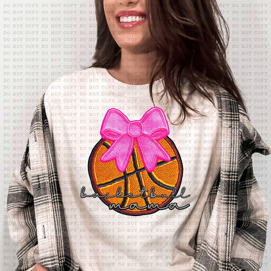 Basketball Mama With Faux Embroidery Coquette Bow - DTF