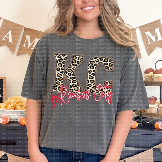 Kansas City Leopard Faux Embroidery Sequin With Heart - DTF