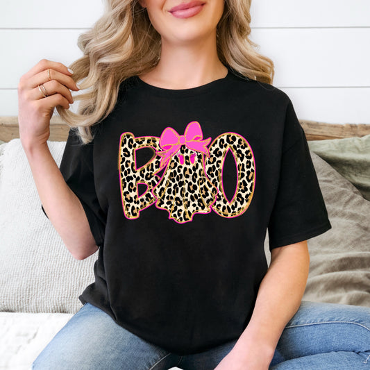Boo leopard with pink bow -DTF&UV