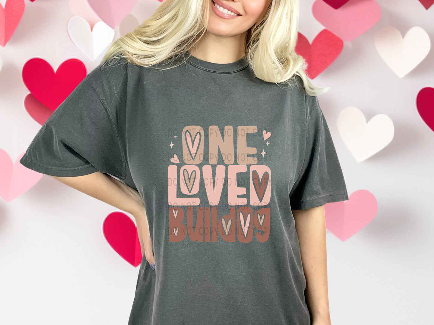 One Loved Bulldog Light Pink And Brown Hearts DTF