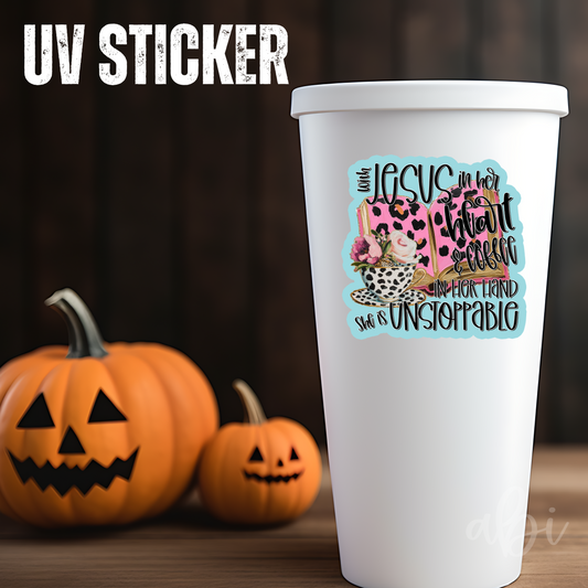 WITH JESUS IN HER HEART WITH OFFSET -UV Stickers