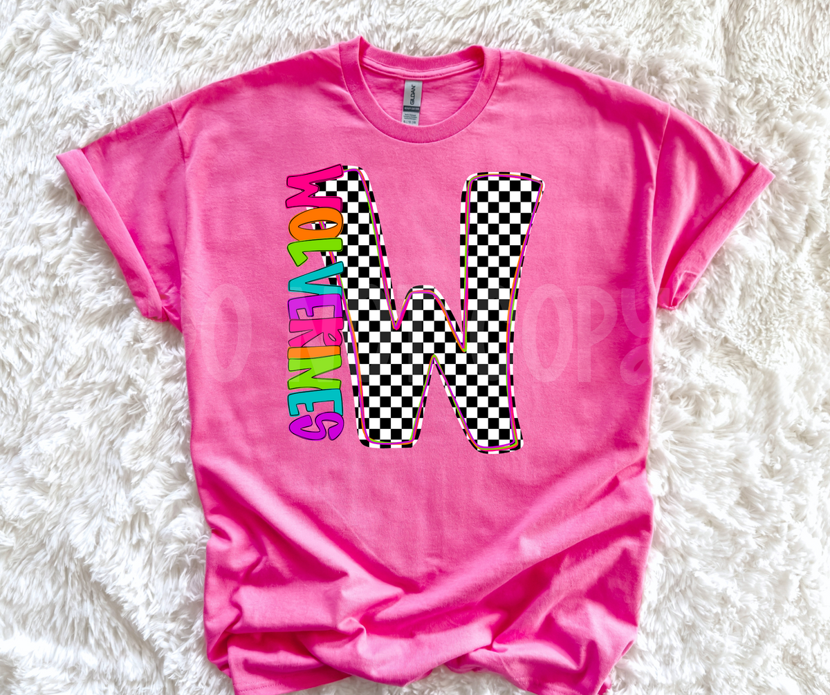 Neon Checkered Letter with Mascot Name (Dropdown)-DTF&UV