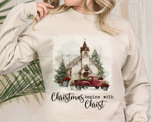 Christmas begins with Christ church and truck -DTF&UV