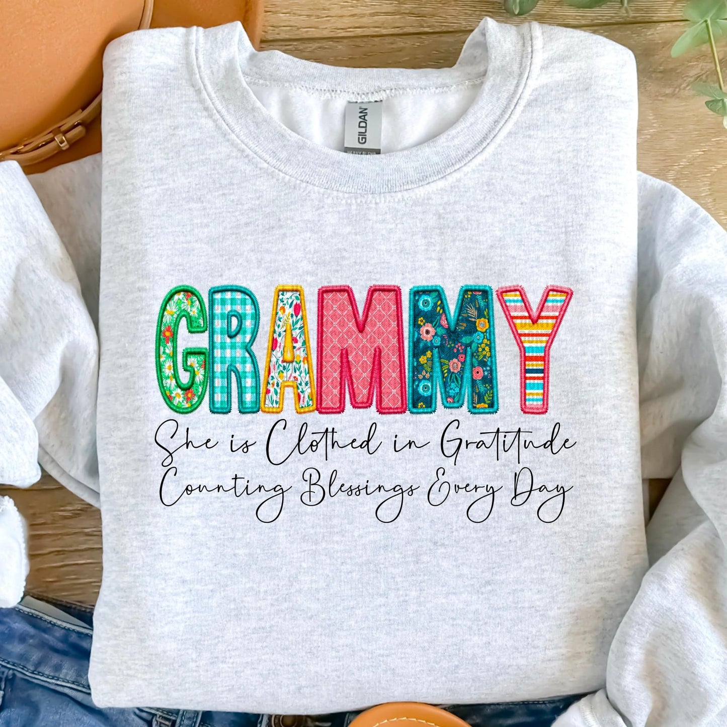 Grammy She Is Clothed In Gratitude Counting Blessings Every Day Faux Embroidery DTF