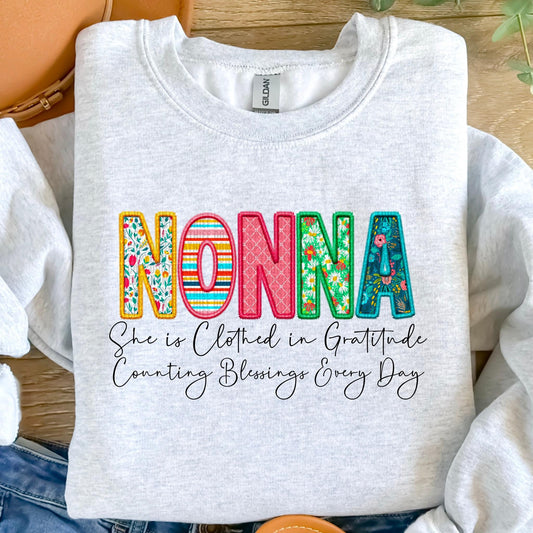 Nonna She Is Clothed In Gratitude Counting Blessings Every Day Faux Embroidery DTF