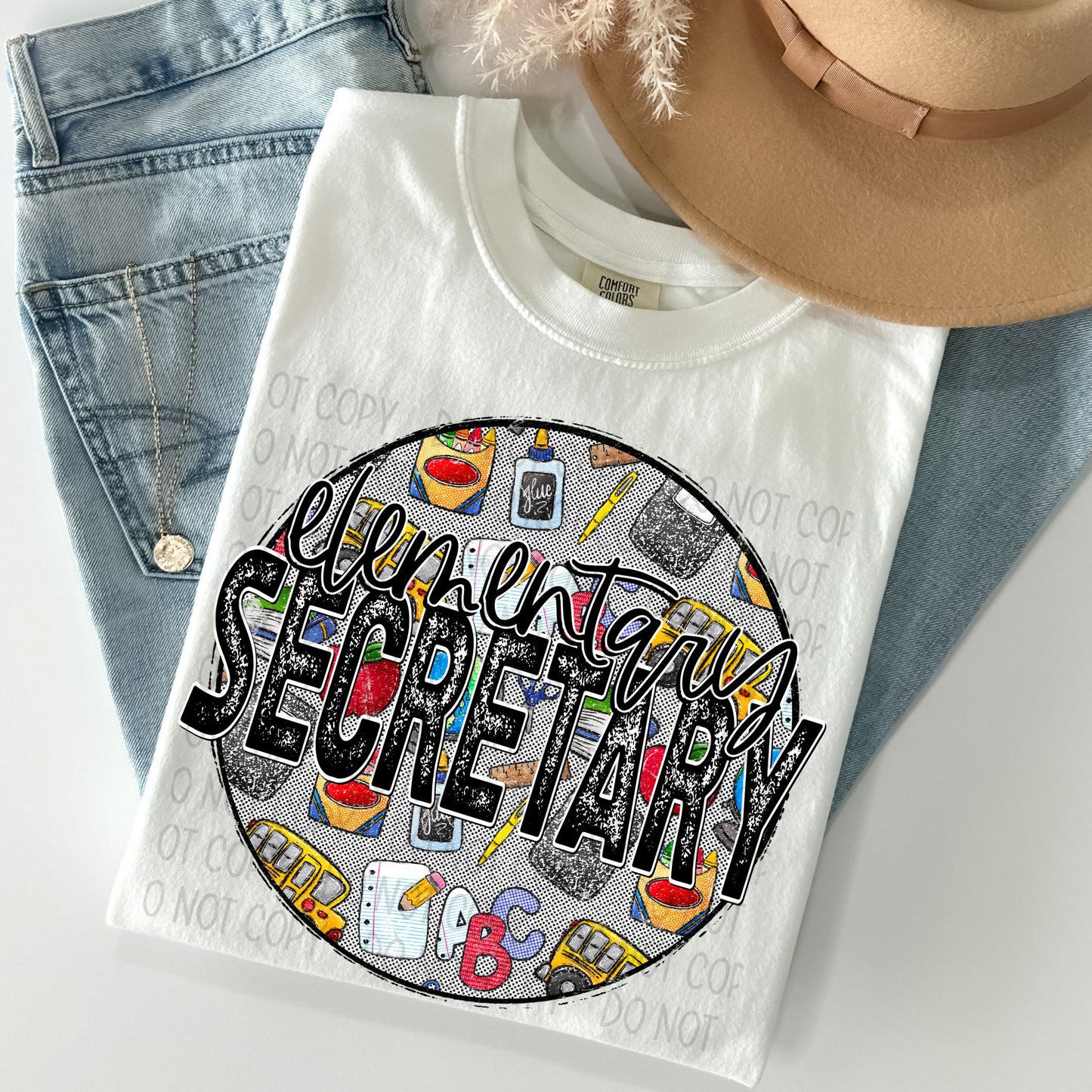 Elementary Secretary Distressed Circle With School Bus And Crayons - DTF