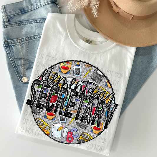 Elementary Secretary Distressed Circle With School Bus And Crayons - DTF