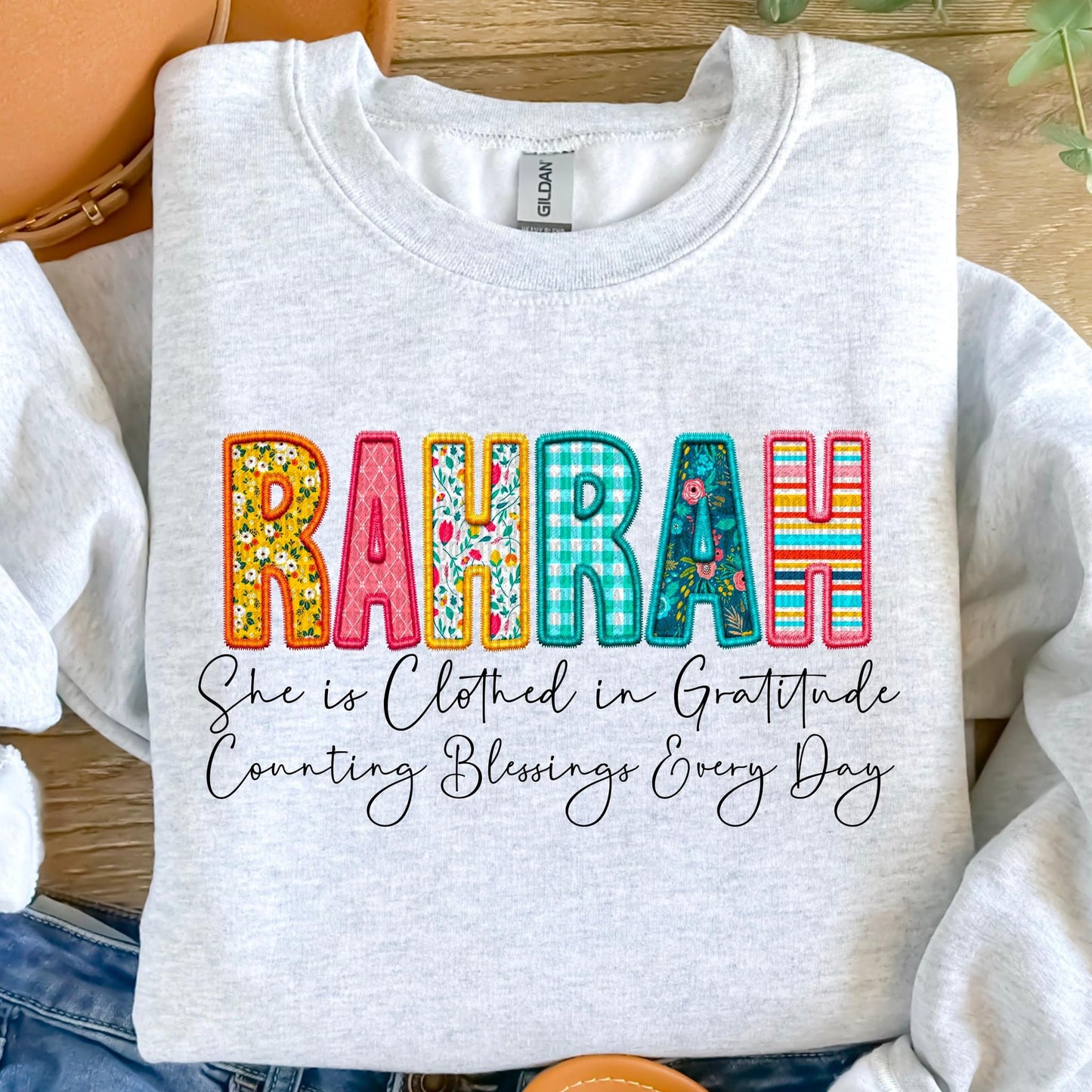 Rahrah She Is Clothed In Gratitude Counting Blessings Every Day Faux Embroidery DTF