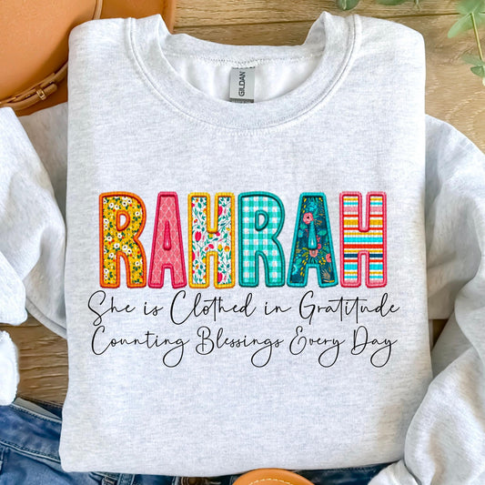 Rahrah She Is Clothed In Gratitude Counting Blessings Every Day Faux Embroidery DTF