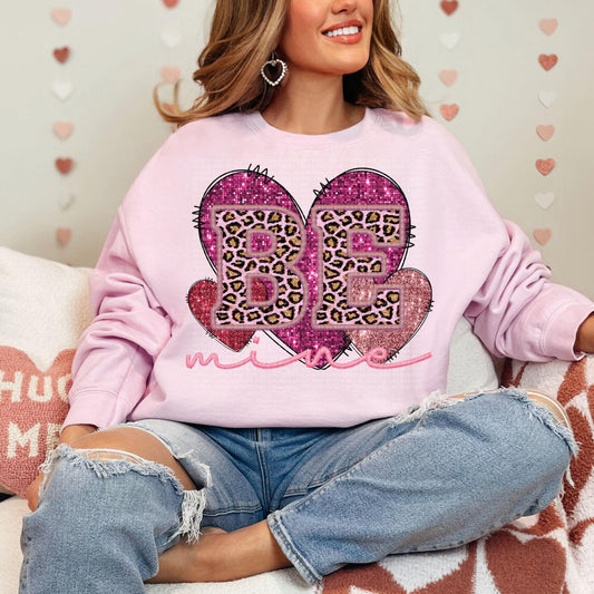 Be Mine Pink Leopard Faux Embroidery Hearts DTF