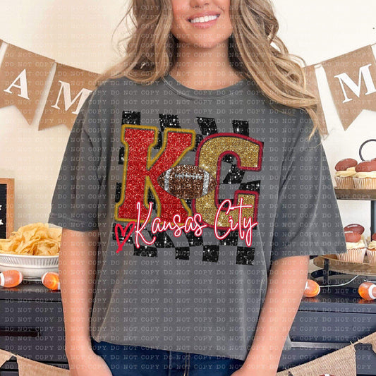 Kansas City Faux Embroidery Sequin With Heart Checkered - DTF