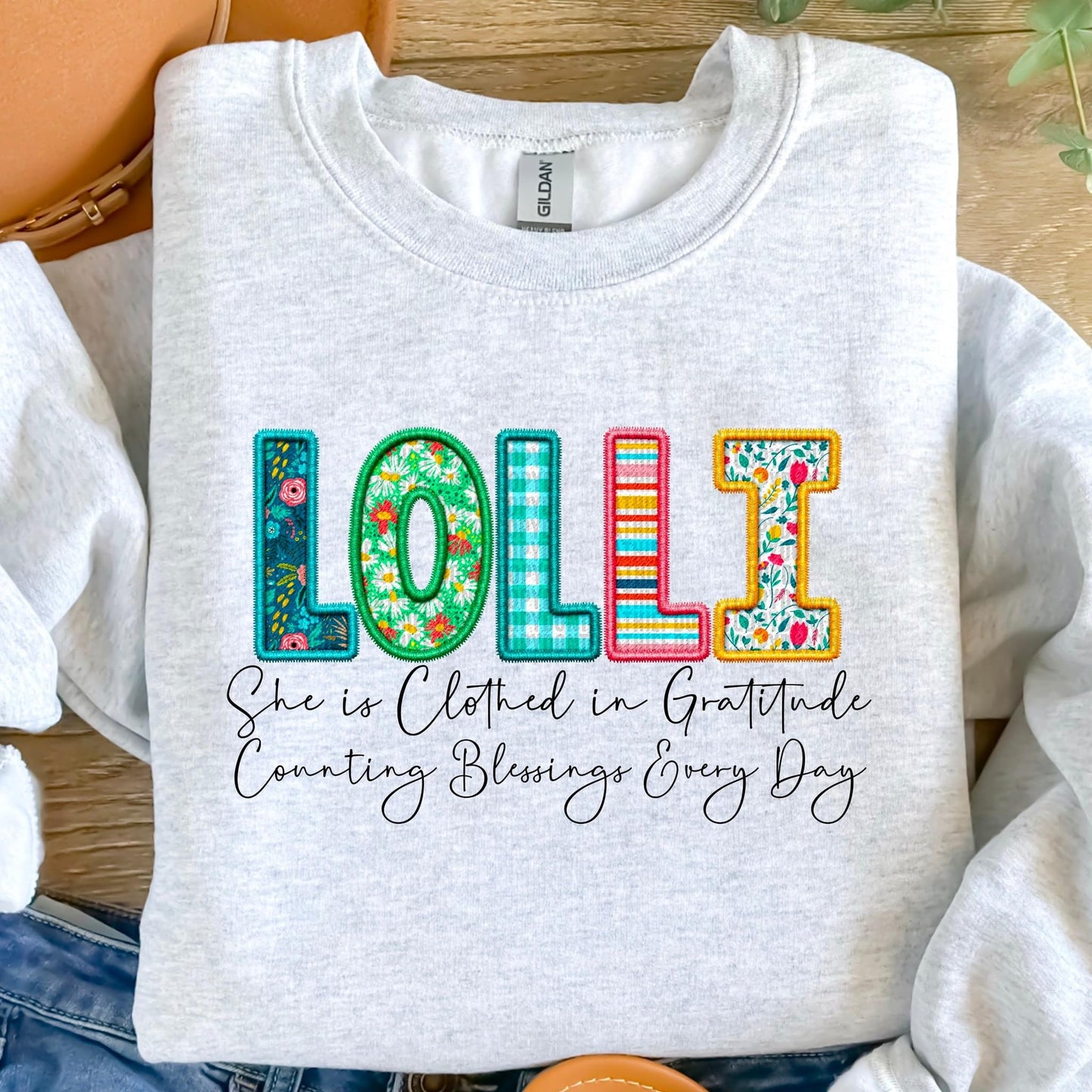 Lolli She Is Clothed In Gratitude Counting Blessings Every Day Faux Embroidery DTF