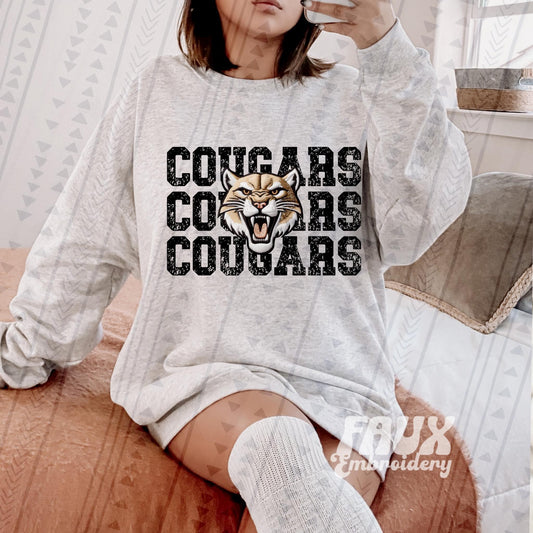 Cougars Stacked Faux Embroidery Blk - DTF