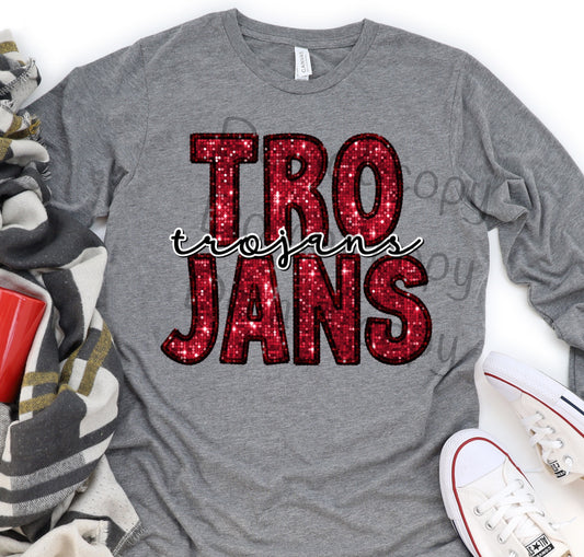 Trojans red faux sequin -DTF