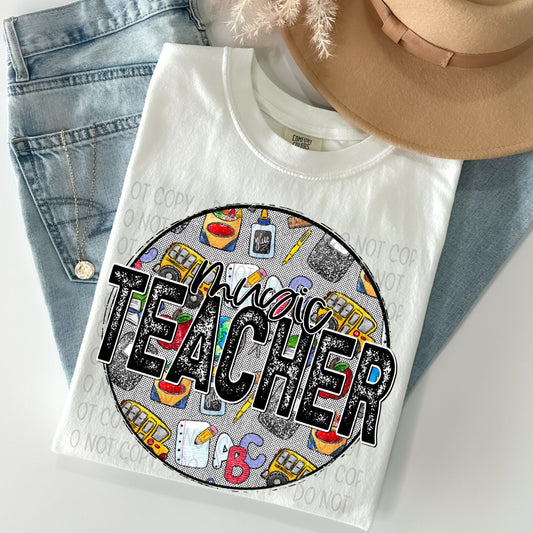 Music Teacher Distressed Circle With School Bus And Crayons - DTF
