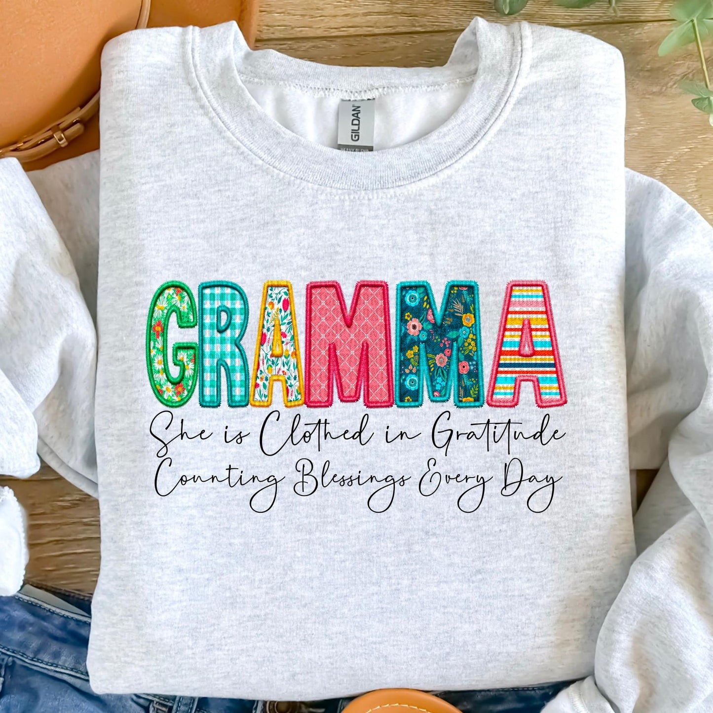 Gramma She Is Clothed In Gratitude Counting Blessings Every Day Faux Embroidery DTF