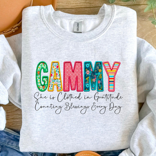 Gammy She Is Clothed In Gratitude Counting Blessings Every Day Faux Embroidery DTF