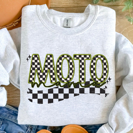 Motto Mama Green Checkered Faux Embroidery DTF