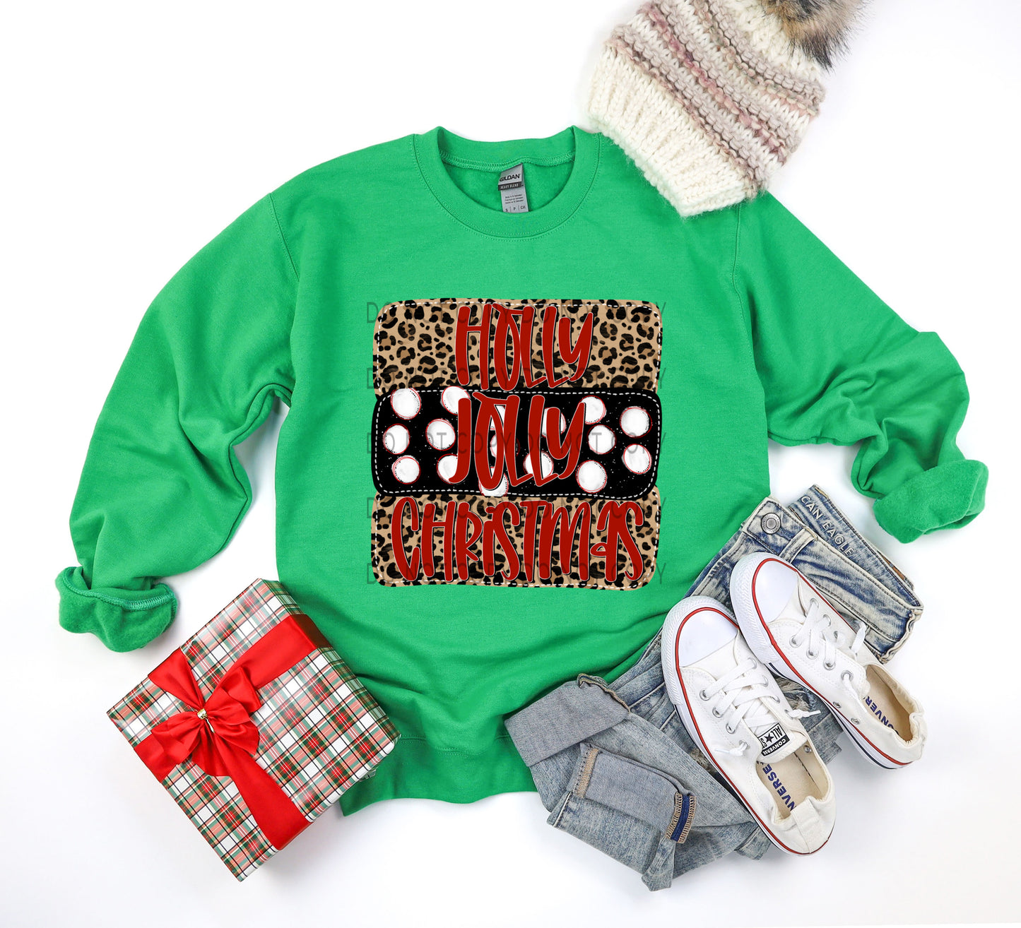 Holly Jolly Christmas Leopard With White Outline - DTF