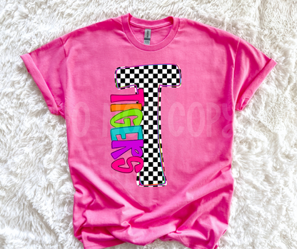 Neon Checkered Letter with Mascot Name (Dropdown)-DTF&UV