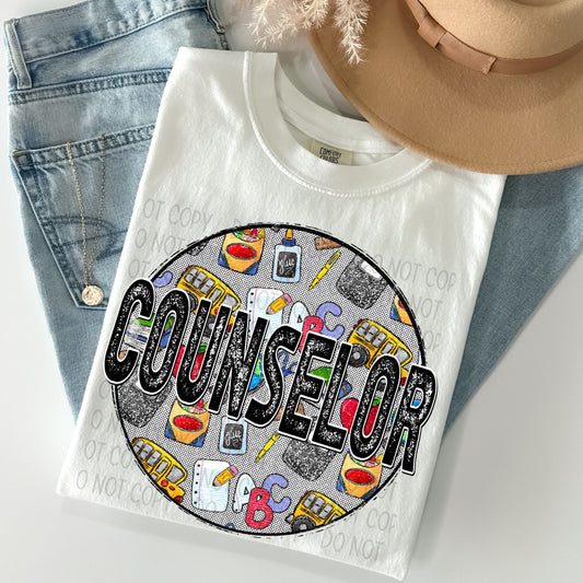 Counselor Distressed Circle With School Bus And Crayons - DTF