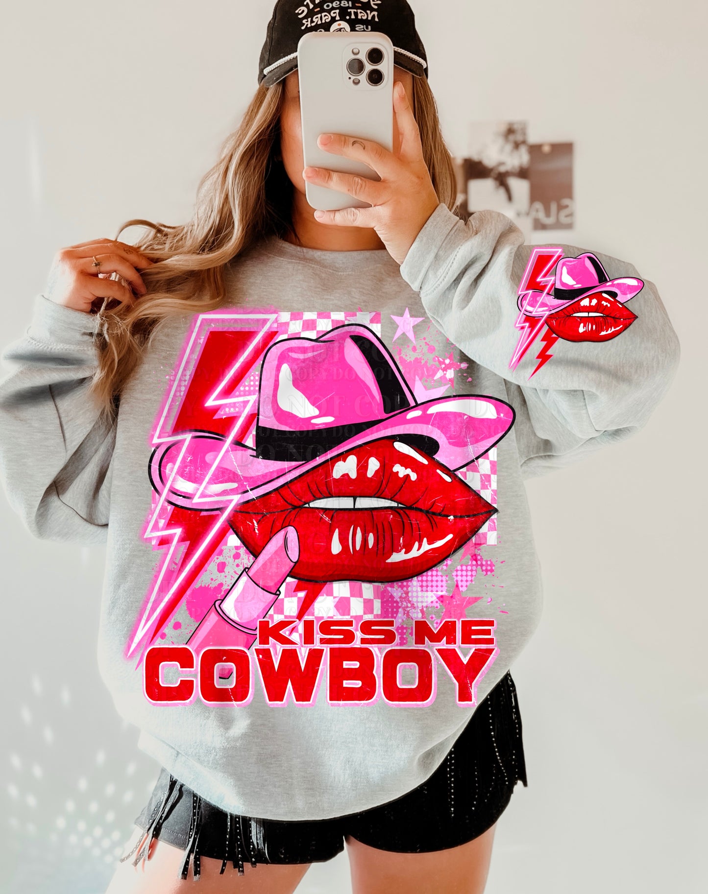 Kiss Me Cowboy Bolt And Pink Checkered (FRONT OF SHIRT & SLEEVE COMBO)-DTF