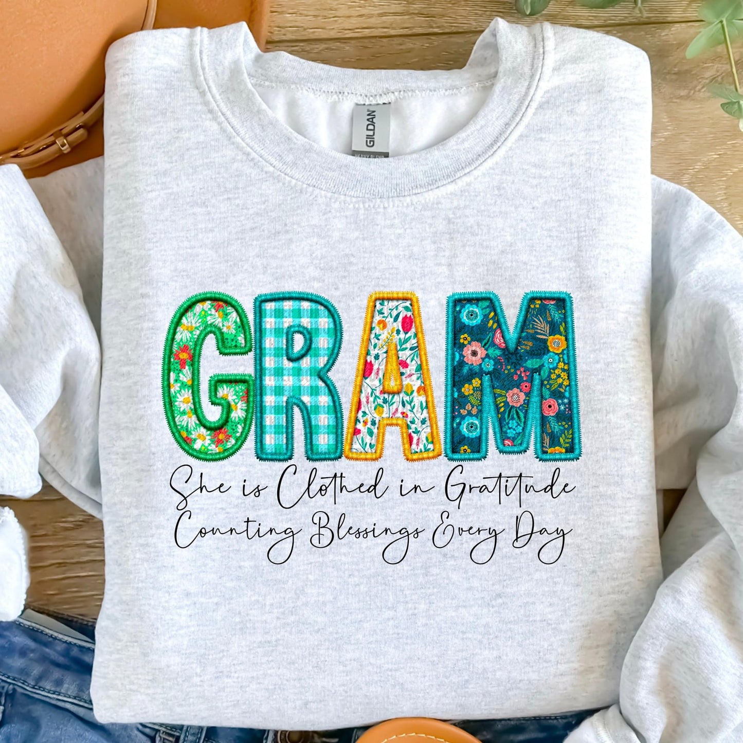 Gram She Is Clothed In Gratitude Counting Blessings Every Day Faux Embroidery DTF