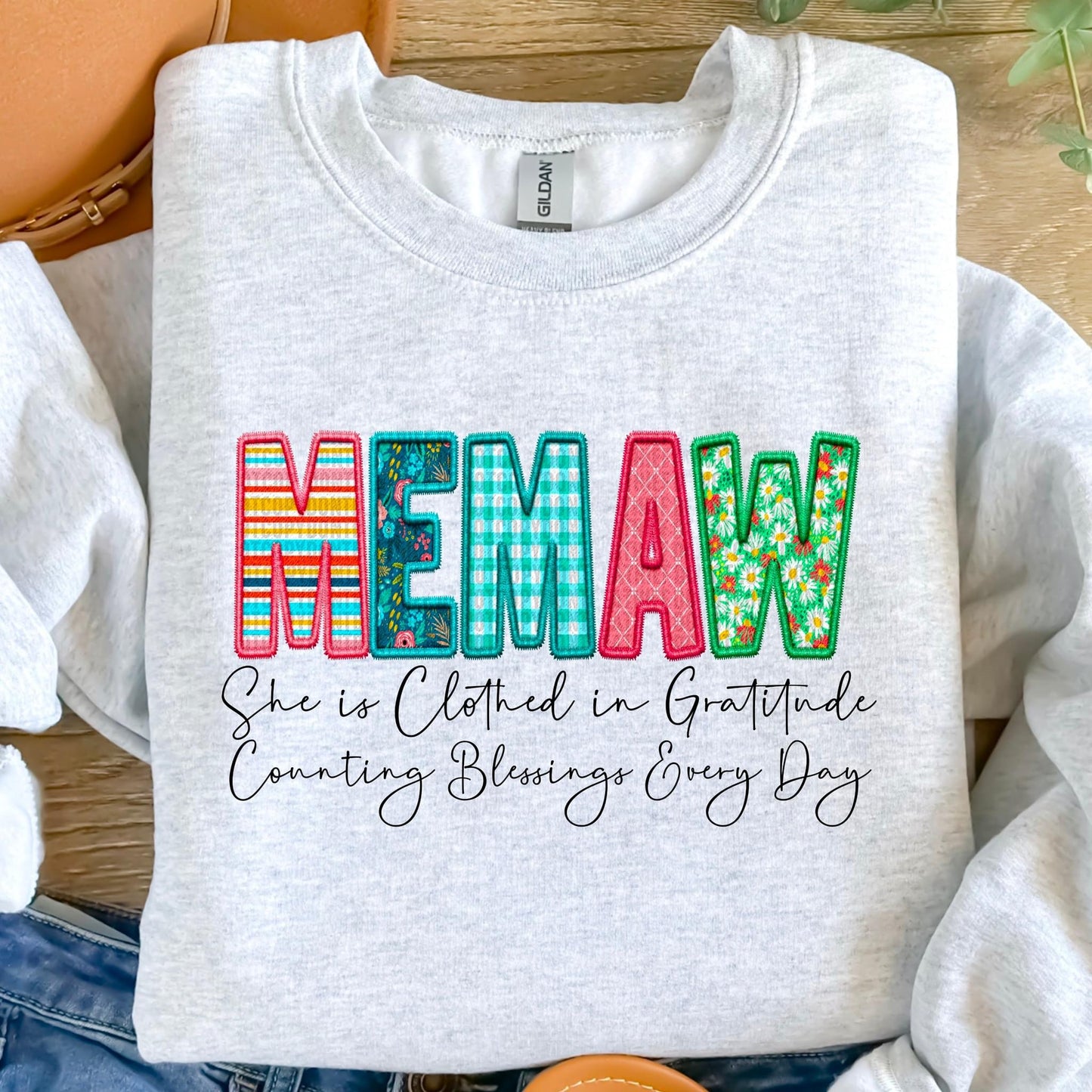 Memaw She Is Clothed In Gratitude Counting Blessings Every Day Faux Embroidery DTF