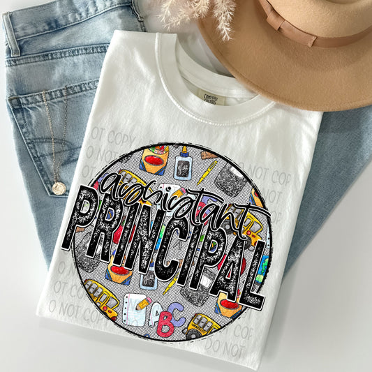Assistant Principal Distressed Circle With School Bus And Crayons - DTF