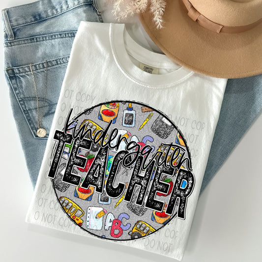 Kindergarten Teacher Distressed Circle With School Bus And Crayons - DTF