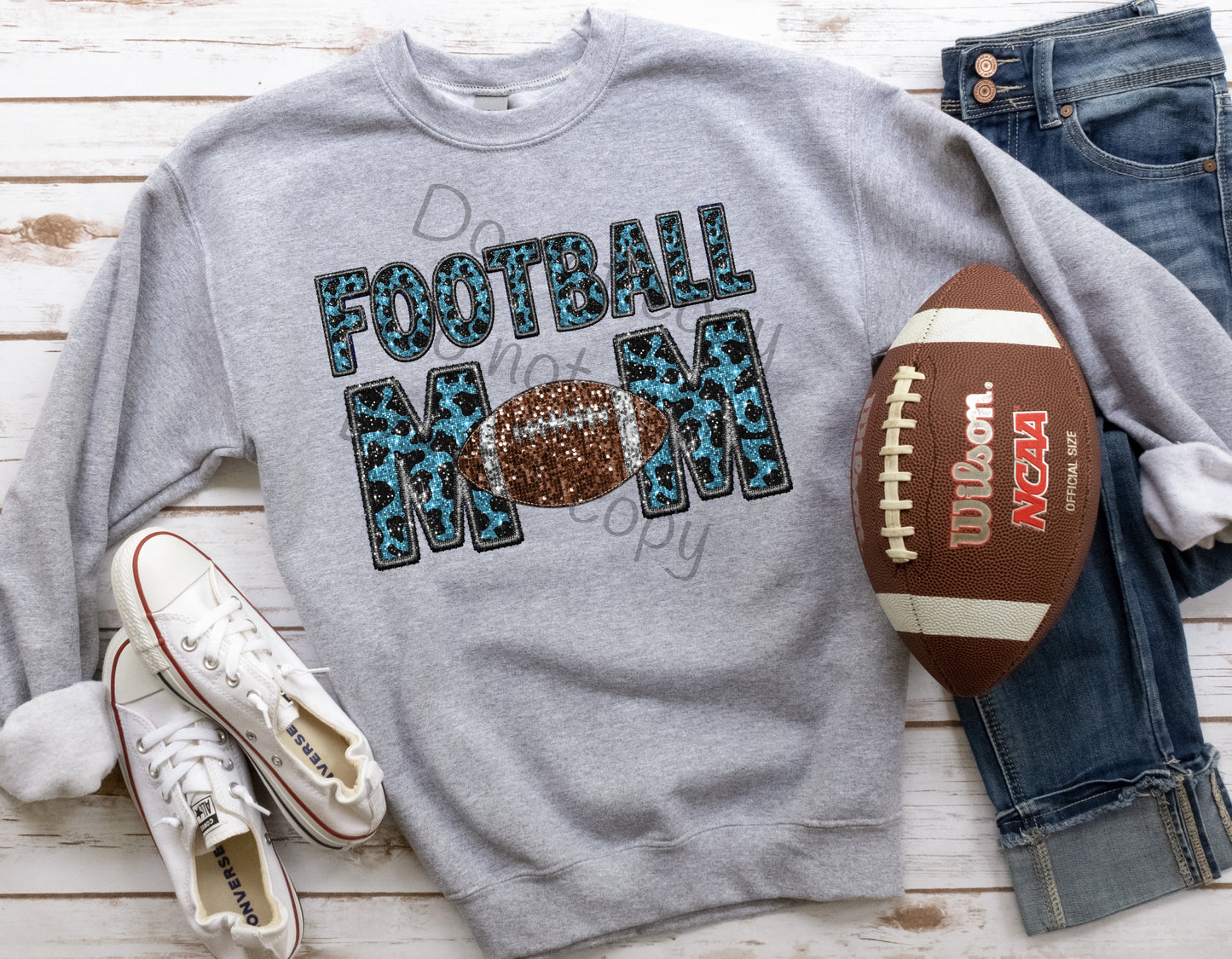 Cow print blue sequin Football mom gray stitch-DTF