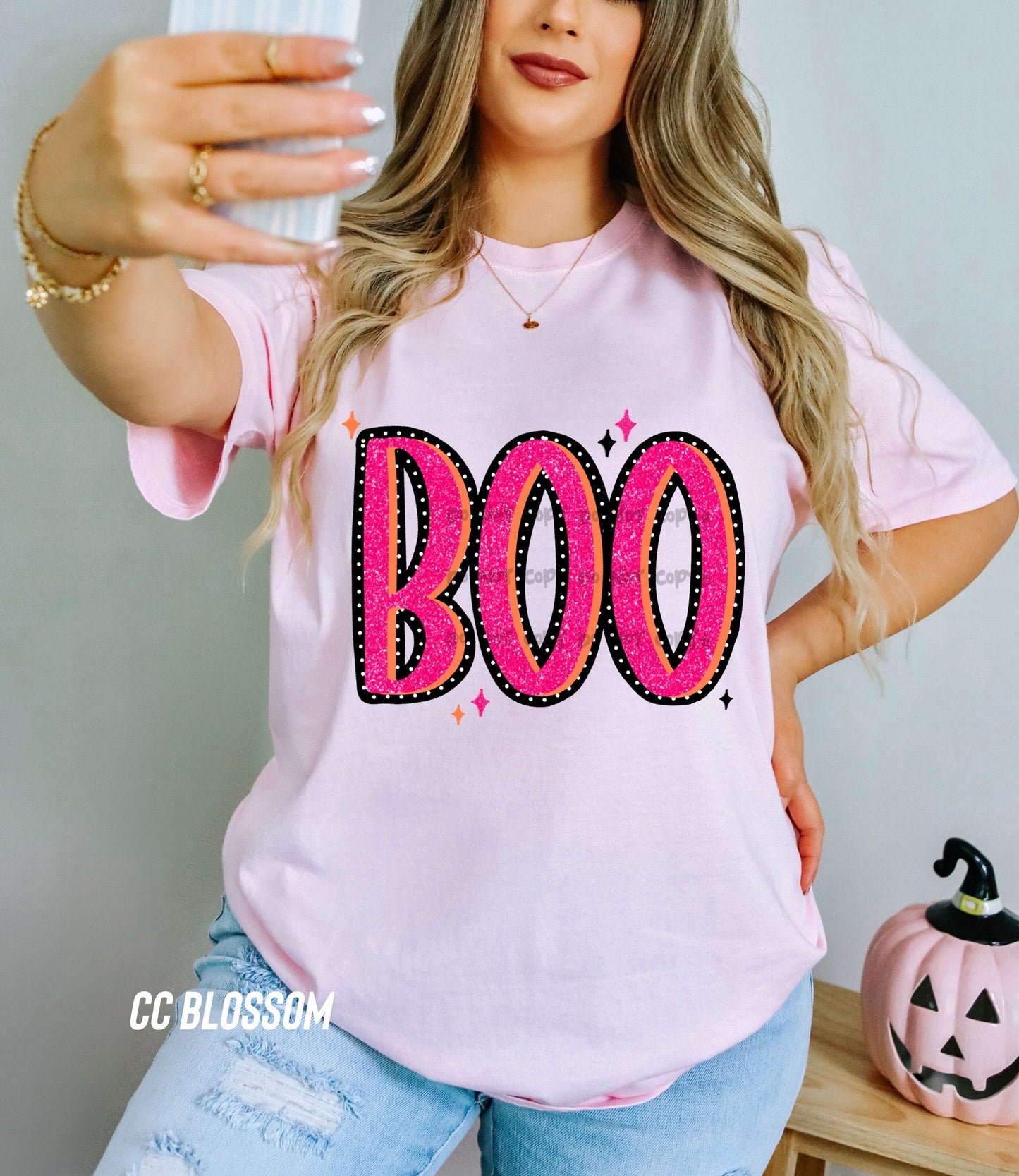 Boo pink black dot outline-DTF