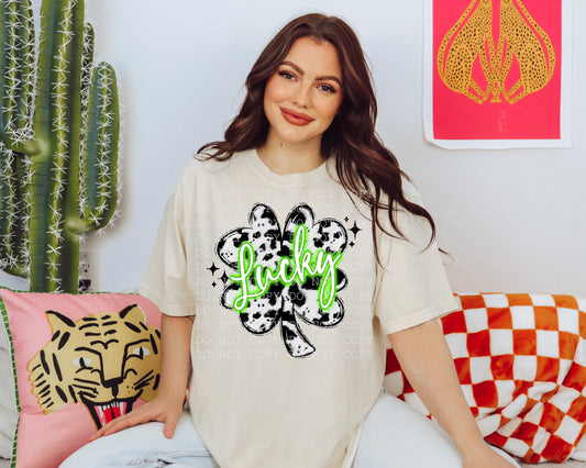 Lucky Neon Cow Print Shamrock- DTF