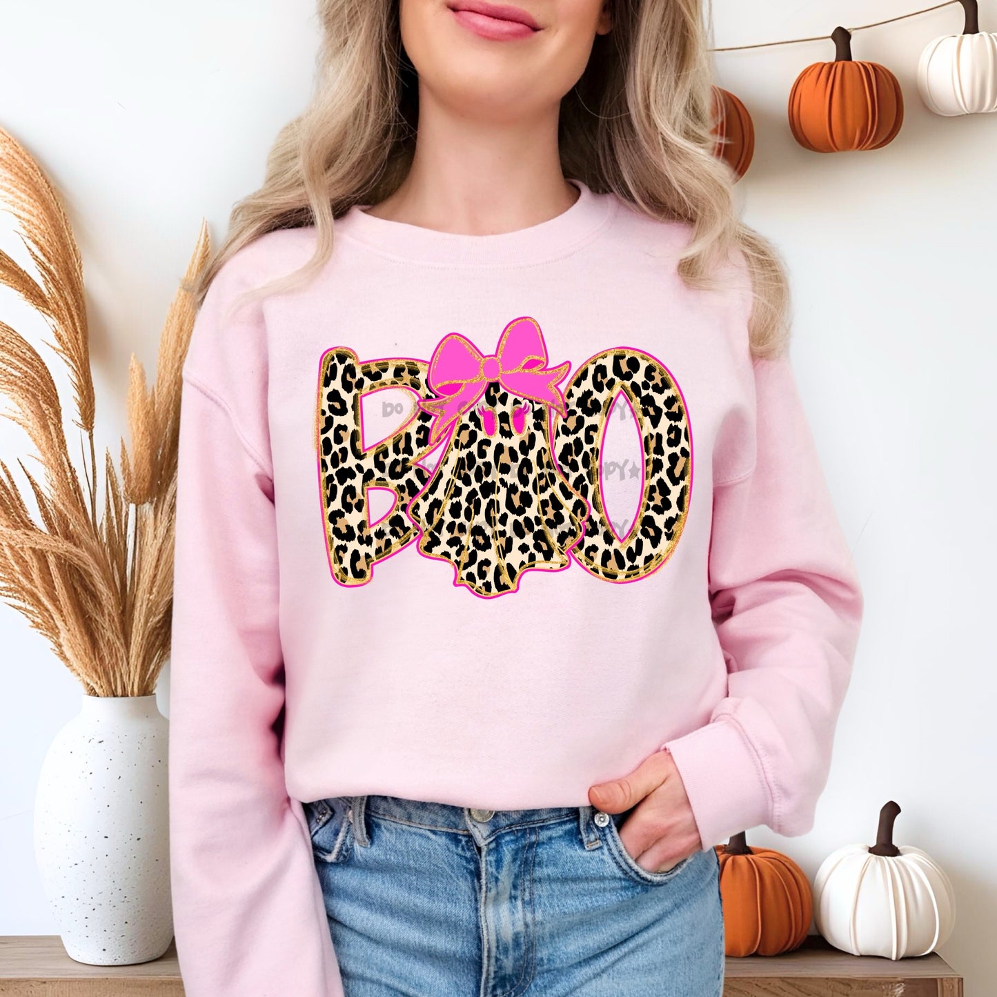 Boo leopard with pink bow -DTF&UV