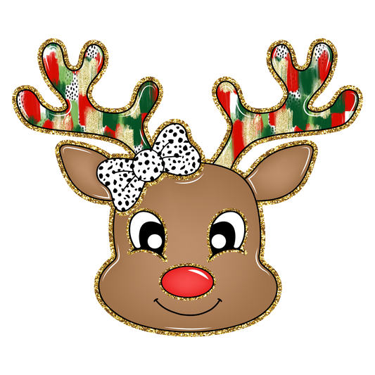 Christmas-girl reindeer dotted bow 11”-DTF RTS