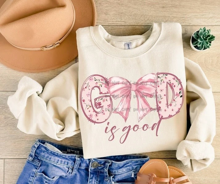 God is good pink with bow-DTF