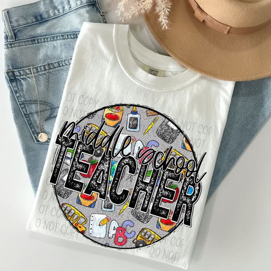 Middle School Teacher Distressed Circle With School Bus And Crayons - DTF