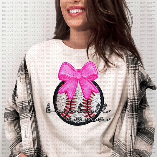 Baseball Mama With Faux Embroidery Coquette Bow - DTF