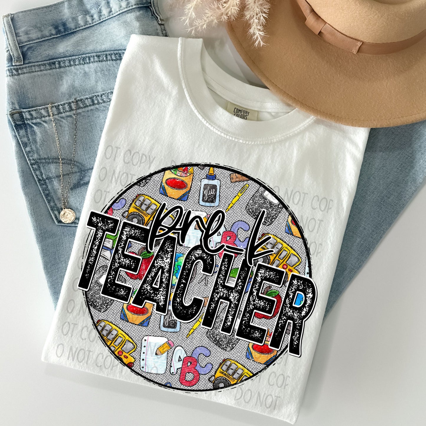Pre-K Teacher Distressed Circle With School Bus And Crayons - DTF