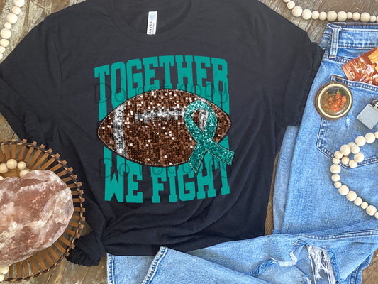 Together we fight football sequin turquoise ribbon-DTF