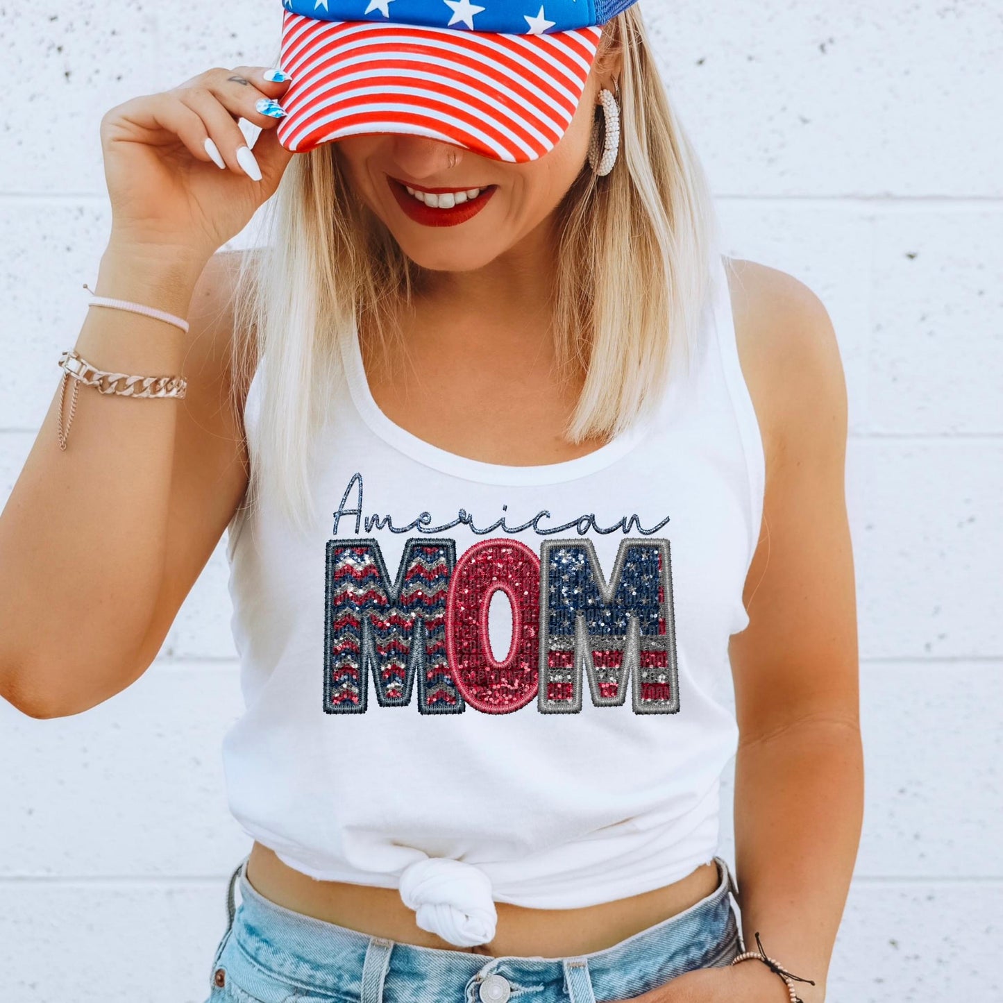 American Mom Faux Embroidery Sequin - DTF