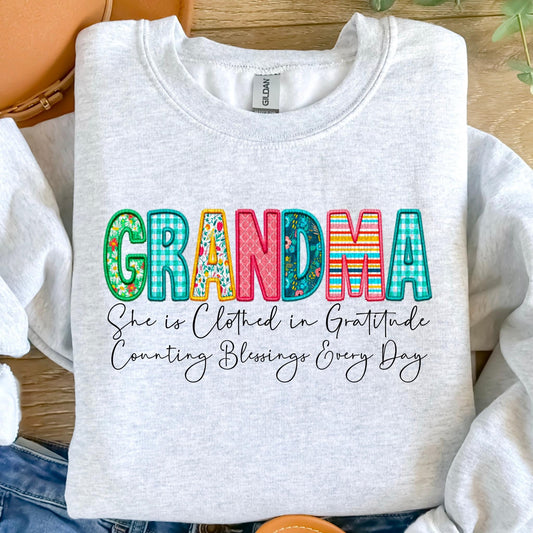 Grandma She Is Clothed In Gratitude Counting Blessings Every Day Faux Embroidery DTF