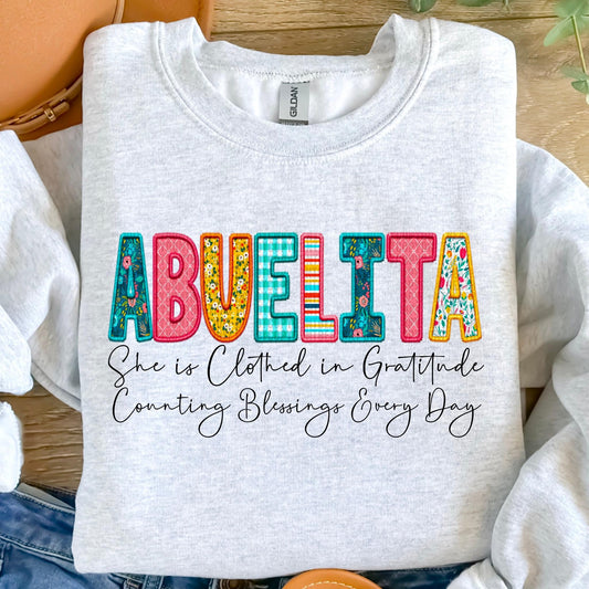 Abuelita She Is Clothed In Gratitude Counting Blessings Every Day Faux Embroidery DTF