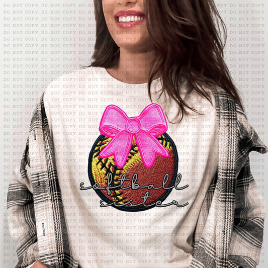 Softball Sister Cursive With Faux Embroidery Coquette Bow - DTF
