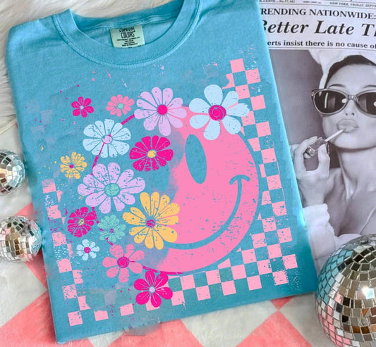 Retro distressed smiley checker with flowers - DTF&UV