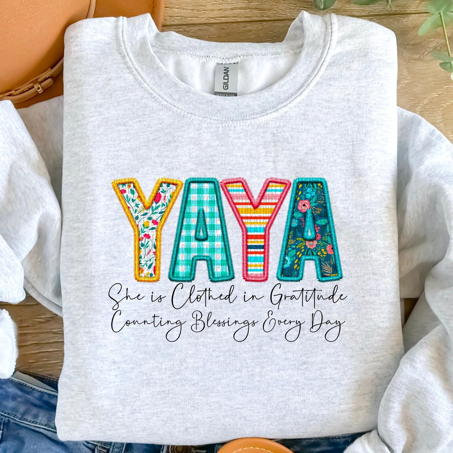 Yaya She Is Clothed In Gratitude Counting Blessings Every Day Faux Embroidery DTF
